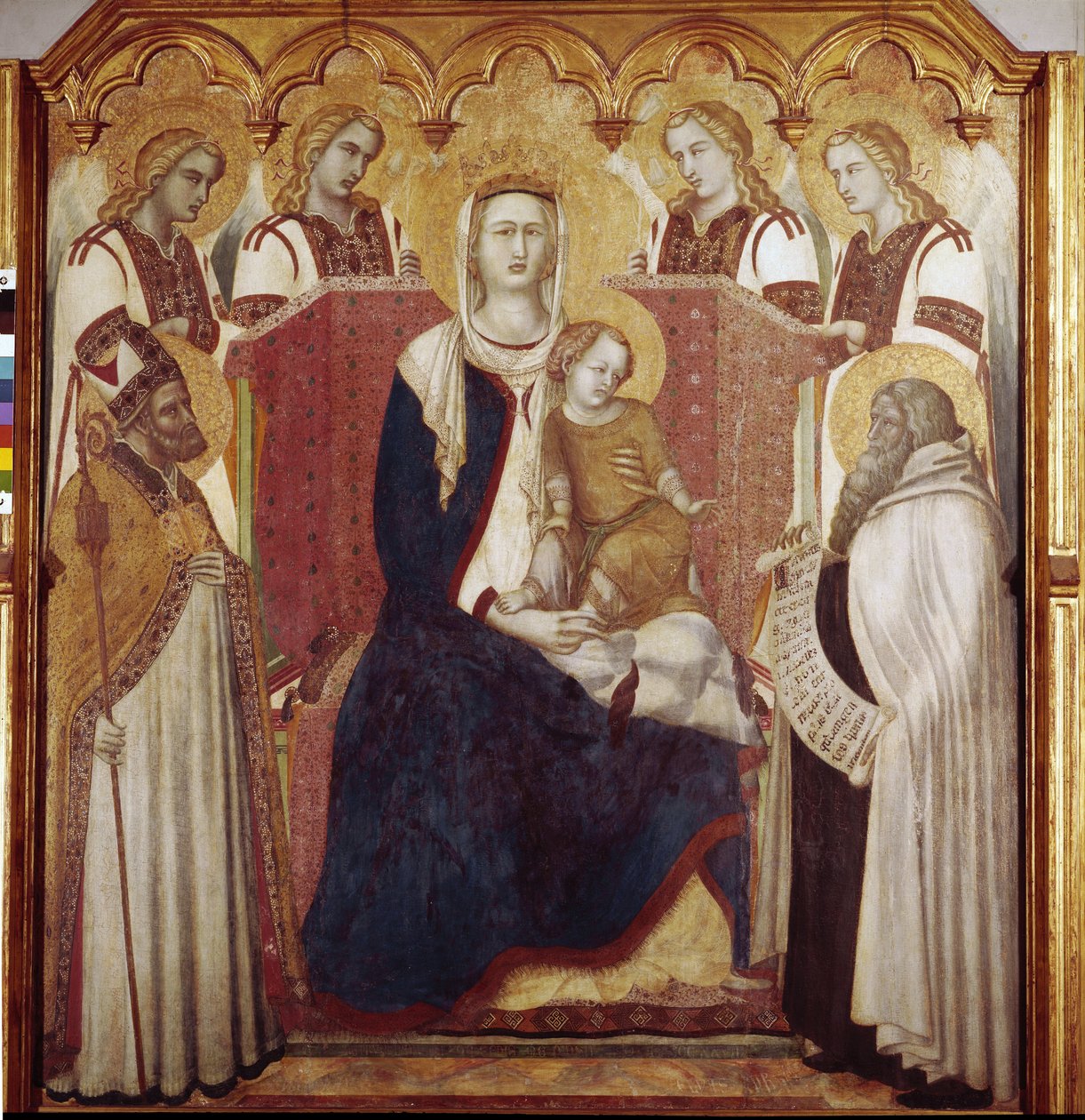 Jungfrau und Kind zwischen St. Nikolaus und St. Elija. Zentrales Panel, Altarbild von Karmel von Pietro Lorenzetti