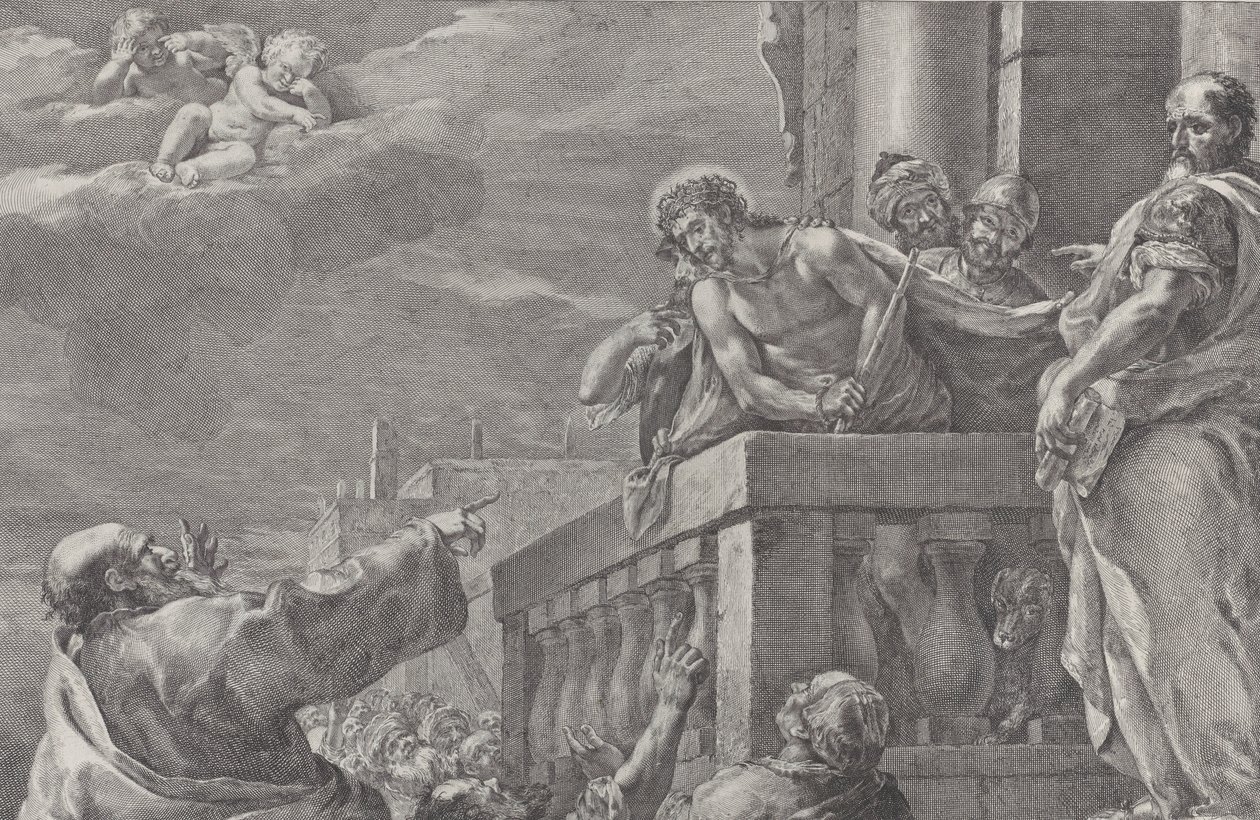 Christus auf einem Balkon umgeben von Wachen, Pilatus steht rechts und gestikuliert, ca. 1730-1739 von Pietro Monaco