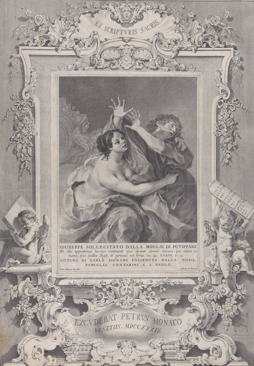 Joseph und Potiphars Frau, in einem verzierten Rahmen, 1739 von Pietro Monaco