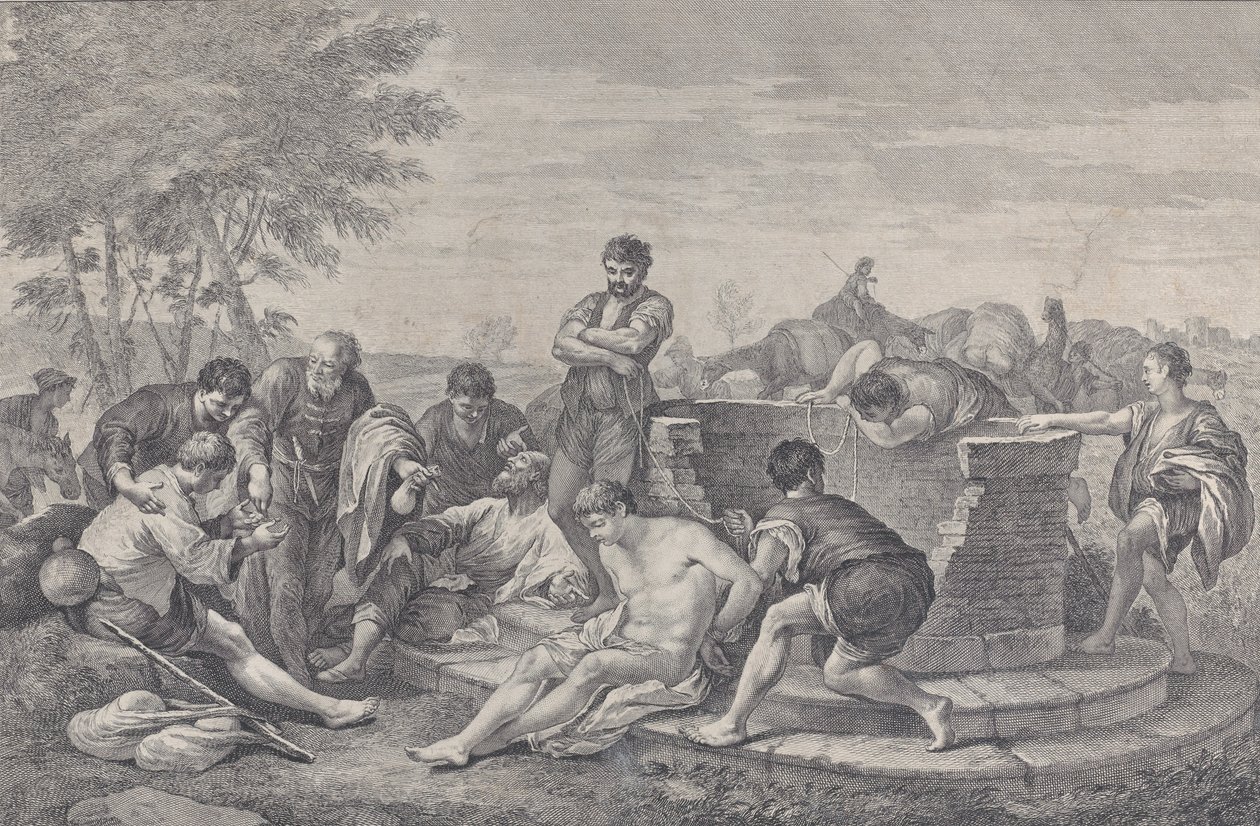 Joseph wird von seinen Brüdern in die Sklaverei verkauft, die um einen Brunnen sitzen und das Geld aufteilen, 1730-39 von Pietro Monaco