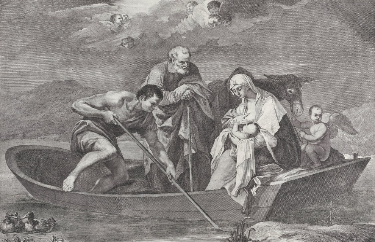 Die Flucht nach Ägypten, mit der Heiligen Familie in einem Boot, 1730-50 von Pietro Monaco