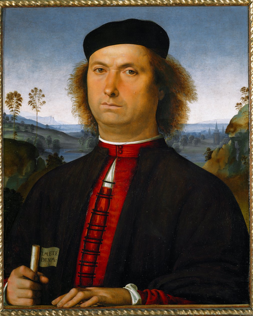 Porträt von Francesco delle Operere. Er hält eine Schriftrolle mit der Aufschrift „Timete deum“ (Fürchtet Gott) von Pietro Perugino