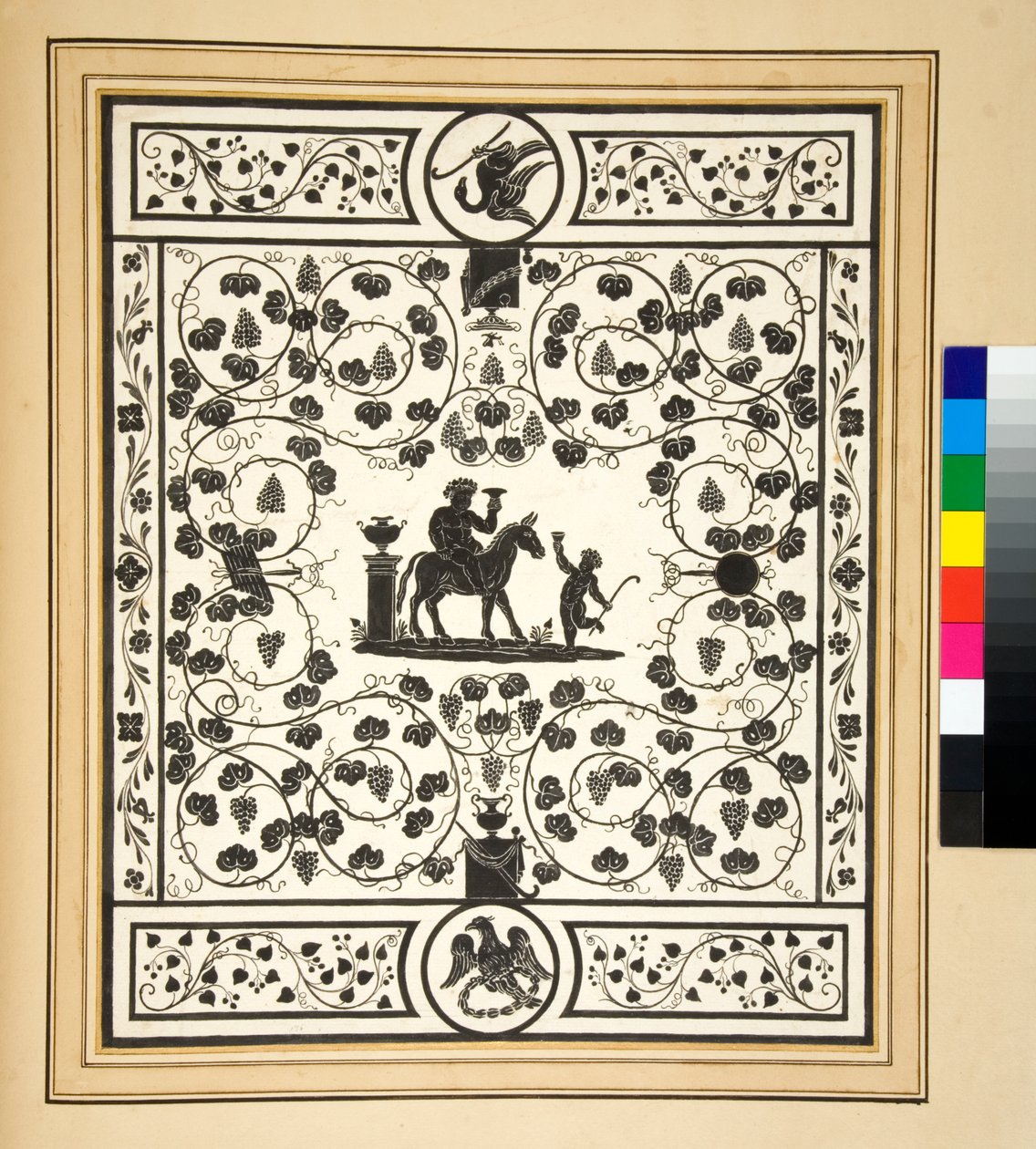 Kopie eines Mosaikbodens, schwarz auf weiß, Pavimento di Bacco del Palazzo di Augusto von Pietro Santi Bartoli