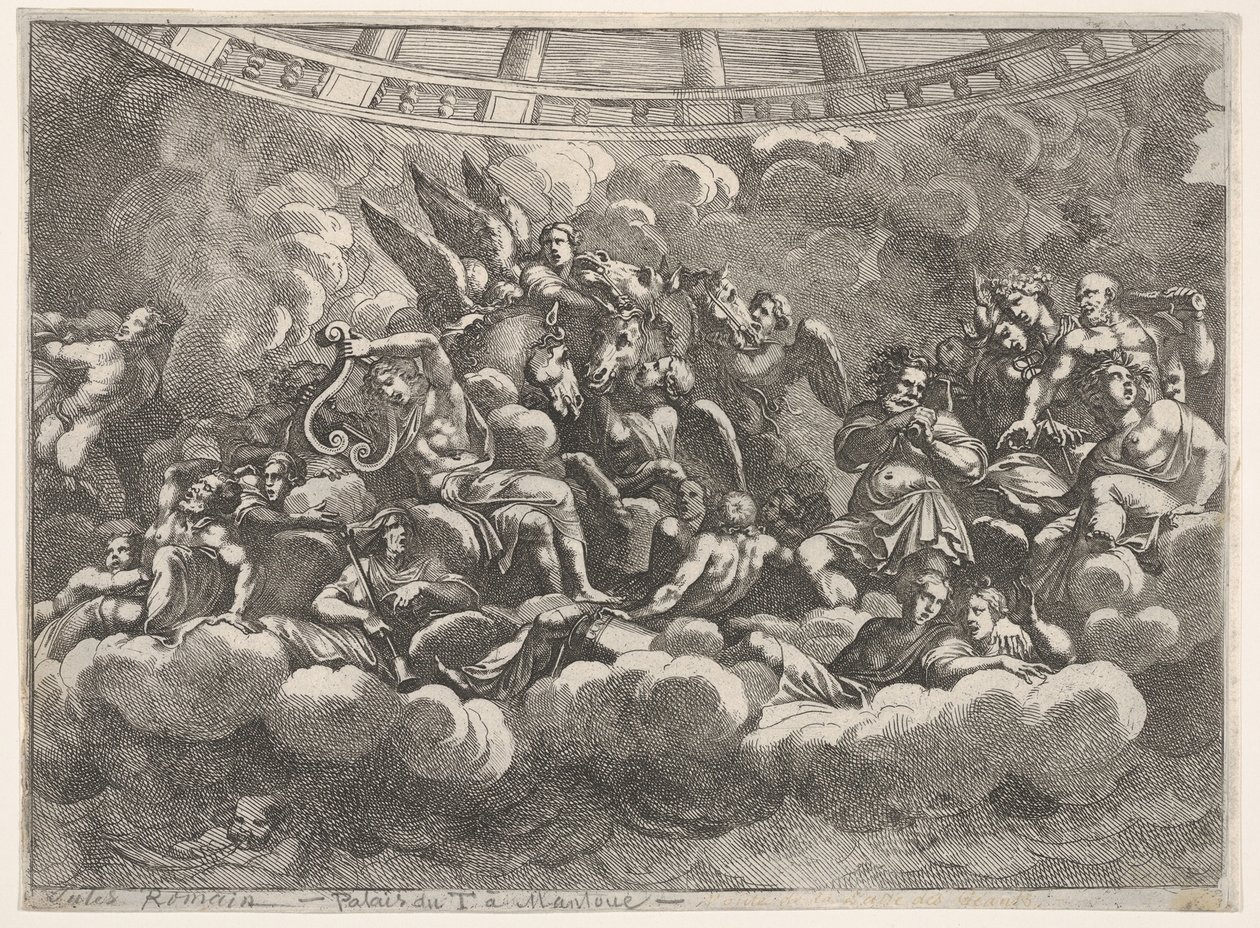 Versammlung verschiedener olympischer Götter und mythologischer Figuren unter Wolken, Apollo im Zentrum..., ca. 1680 von Pietro Santi Bartoli