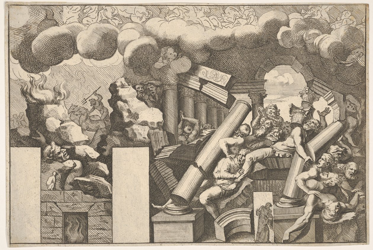 Riesen, die von Felsen und den herabfallenden Säulen des Tempels zerquetscht werden, Rauchwolken darüber von Pietro Santi Bartoli