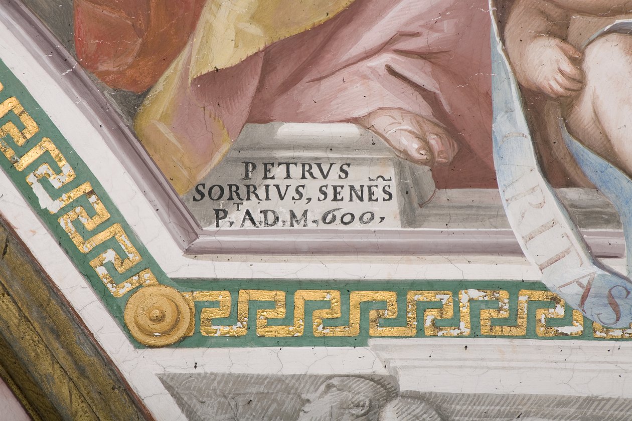 Künstler-Signatur, Die Krönung der Jungfrau Maria (Fresko) (Detail) von Pietro Sorri