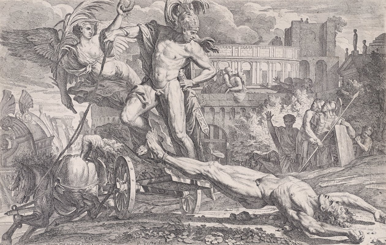 Achilles schleppt den Körper von Hector um die Mauern von Troja, 1648-50 von Pietro Testa