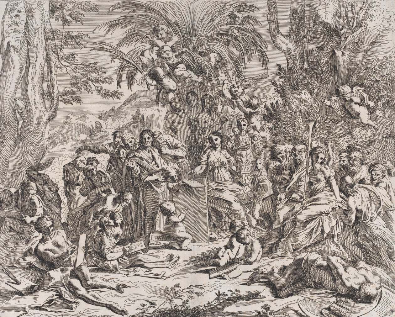 Eine Allegorie der Malerei, ein Kind in der Mitte links zeichnet auf einem Tablet, umgeben, 1637-38 von Pietro Testa