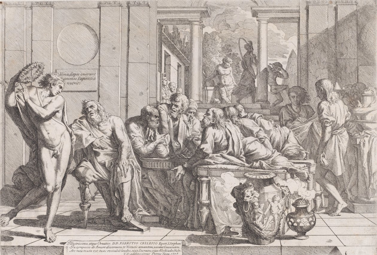 Platons Symposium: Sokrates und seine Gefährten sitzen um einen Tisch und diskutieren über ideale Liebe, 1648 von Pietro Testa