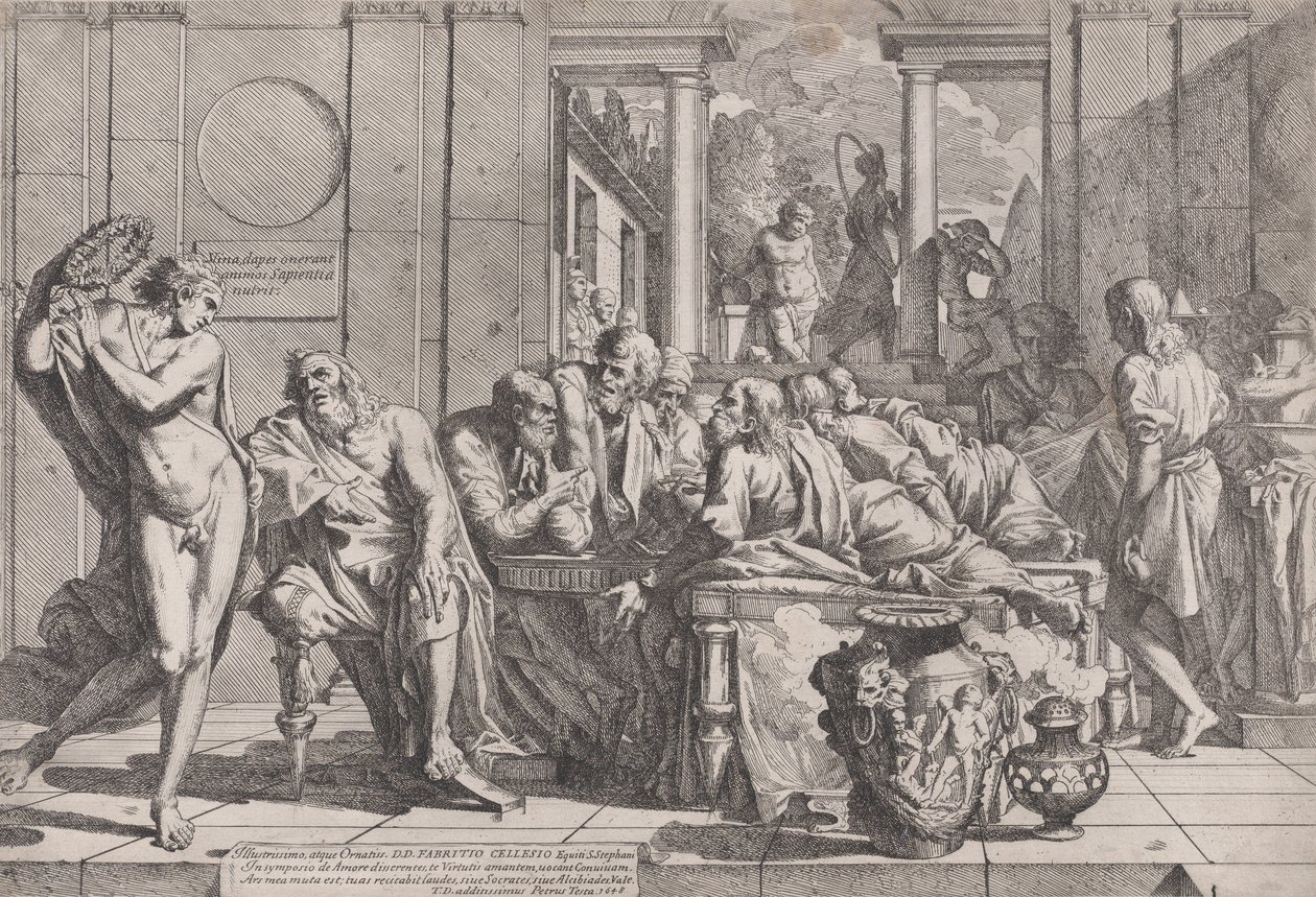 Platons Symposium: Sokrates und seine Gefährten sitzen um einen Tisch und diskutieren über ideale Liebe, 1648 von Pietro Testa