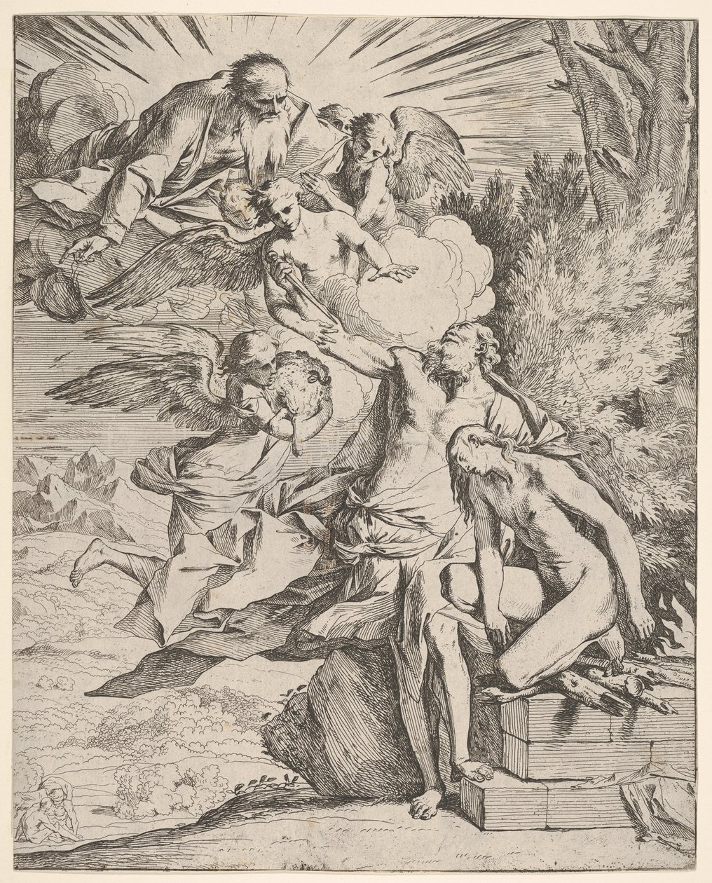 Opferung Isaaks: ein Engel drückt gegen den dolchtragenden Arm Abrahams, der ..., ca. 1645-50 von Pietro Testa