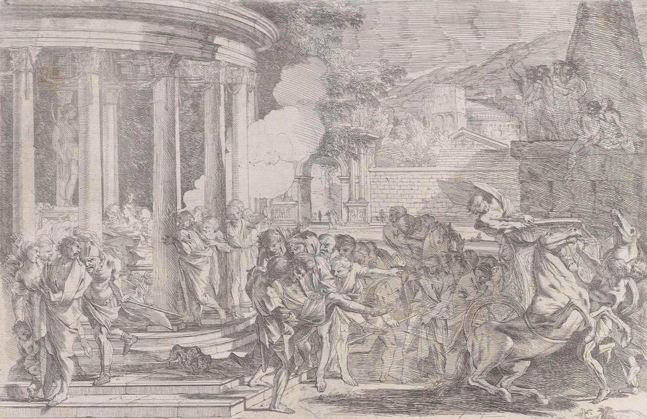 Sinorix wird aus dem Tempel der Artemis getragen, um den Auswirkungen des Giftes zu entkommen, ca. 1640 von Pietro Testa