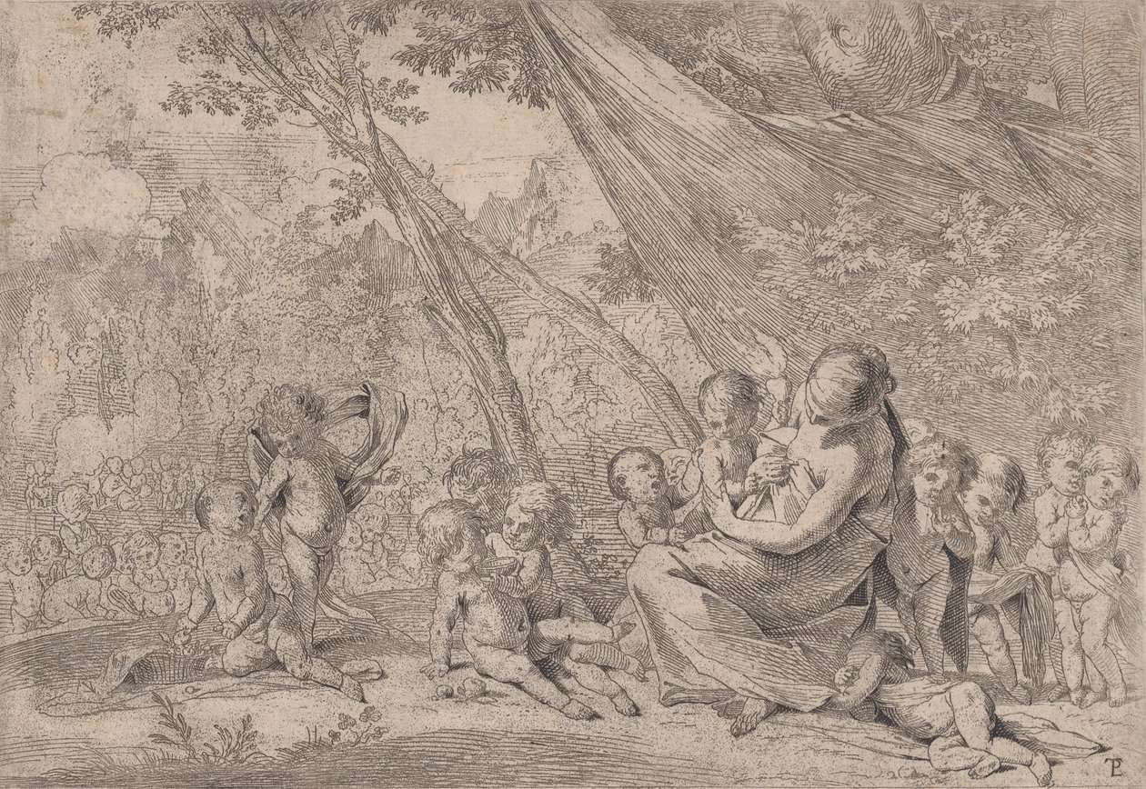 Der Garten der Nächstenliebe, Frau, die Nächstenliebe darstellt, rechts umgeben von Kindern, ca. 1631-37 von Pietro Testa