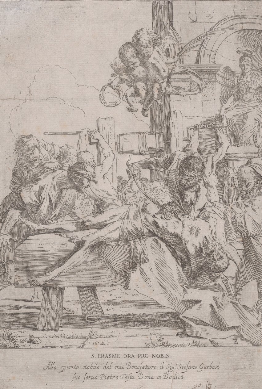 Das Martyrium des heiligen Erasmus, der ausgestreckt liegt und dessen Eingeweide entfernt werden, zwei Putti..., ca. 1630 von Pietro Testa