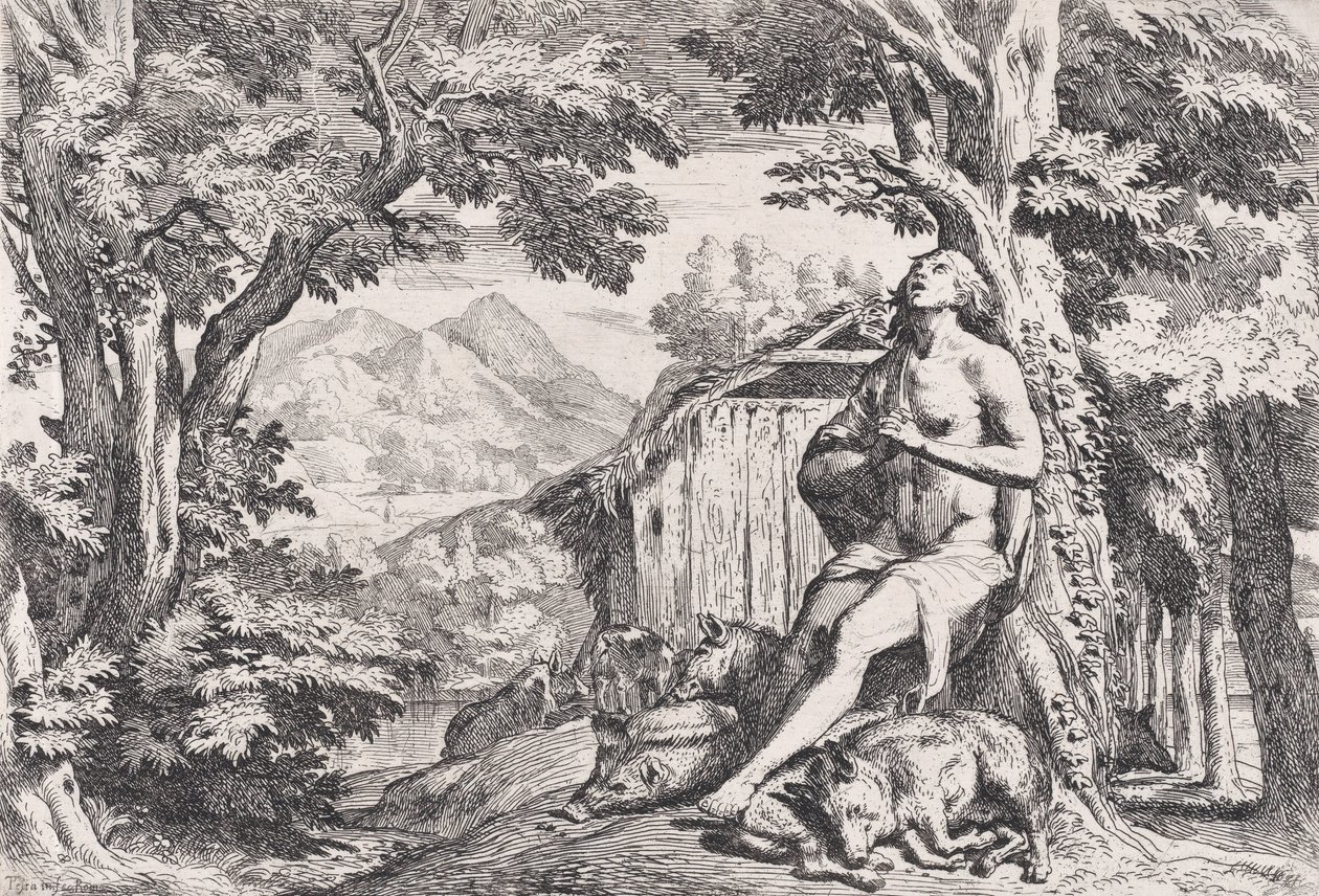 Der verlorene Sohn unter den Schweinen, aus einer Serie von vier Drucken, ca. 1645 von Pietro Testa