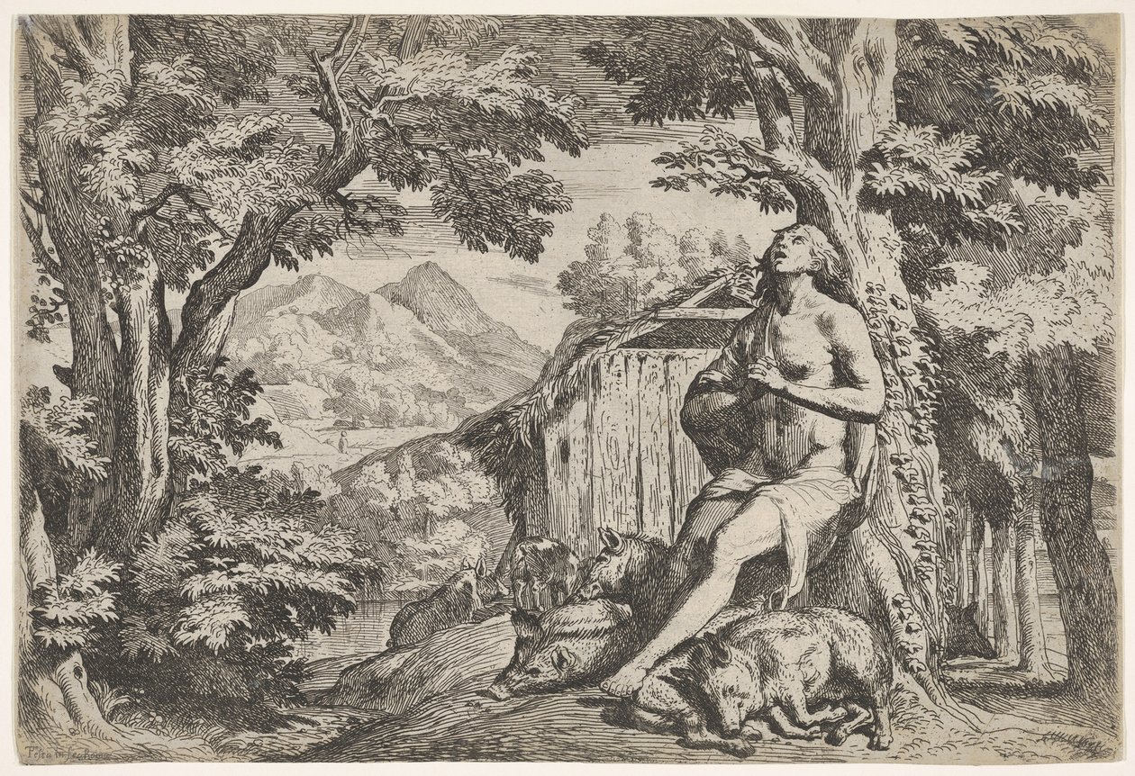 Der verlorene Sohn sitzt am Fuße eines Baumes unter Schweinen, sein Blick nach oben gerichtet..., ca. 1640-50 von Pietro Testa