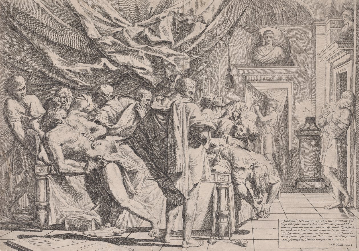 Der Selbstmord des Philosophen Cato, der auf seinem Bett liegt und seine Eingeweide herauszieht, beobachtet von..., 1648 von Pietro Testa