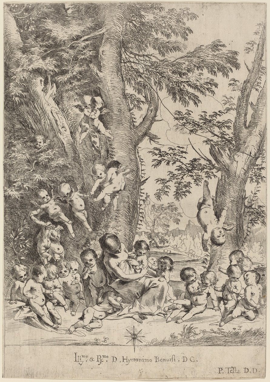 Junge Frau, umgeben von Amoren (Der Garten der Nächstenliebe, vertikale Version) von Pietro Testa