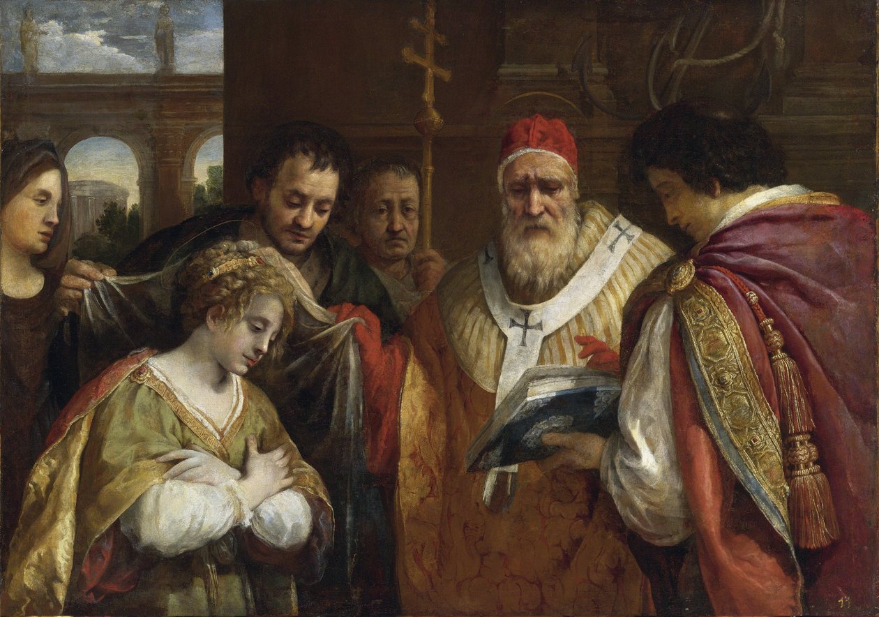 Heilige Domitilla empfängt den Schleier von Papst Clemens I. von Pietro da Cortona