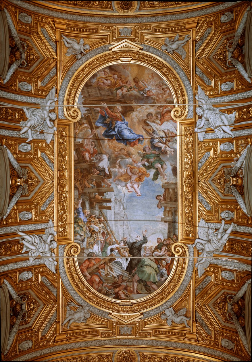 Die Jungfrau erscheint dem heiligen Philipp Neri während des Kirchenbaus (Detail) von Pietro da Cortona