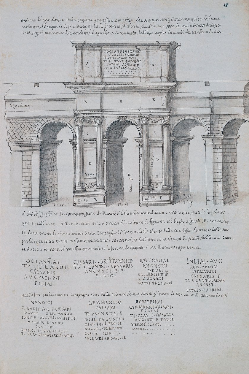 Bogen des Claudius in Rom, Zeichnung, aus Römische Altertümer, von Pirro Ligorio (1513-1583) von Pirro Ligorio