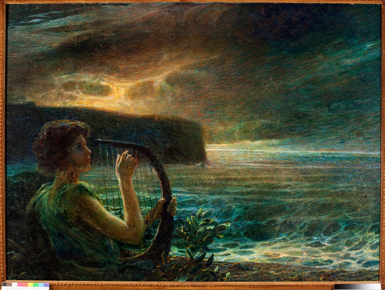 Vollmond, Hommage an eine weibliche Gottheit, die in einer Meereslandschaft mit stürmischem Himmel Leier spielt von Plinio Nomellini