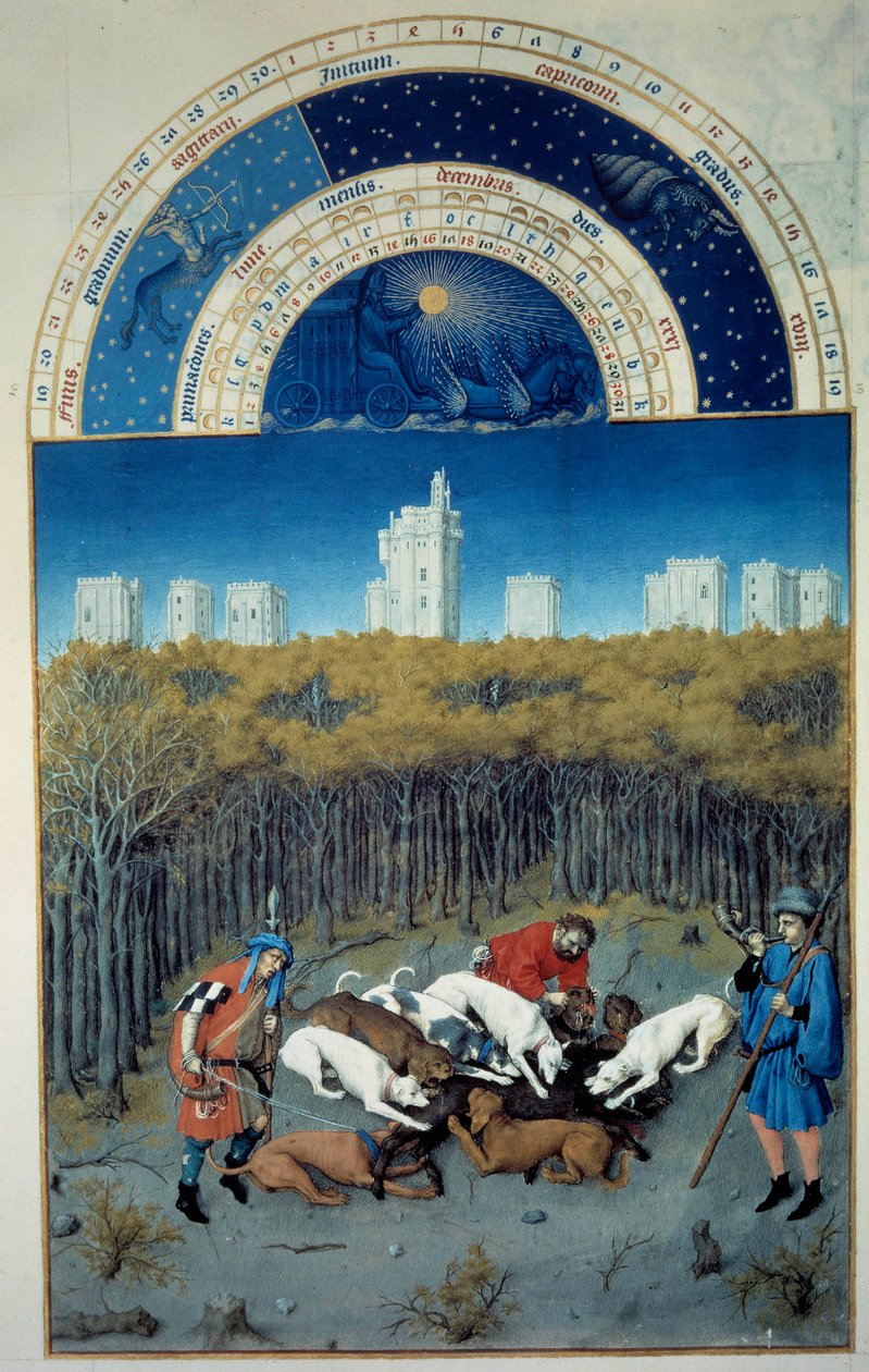 Dezember: Jagdszene. Im Hintergrund Ansicht von Vincennes von Pol de Limbourg