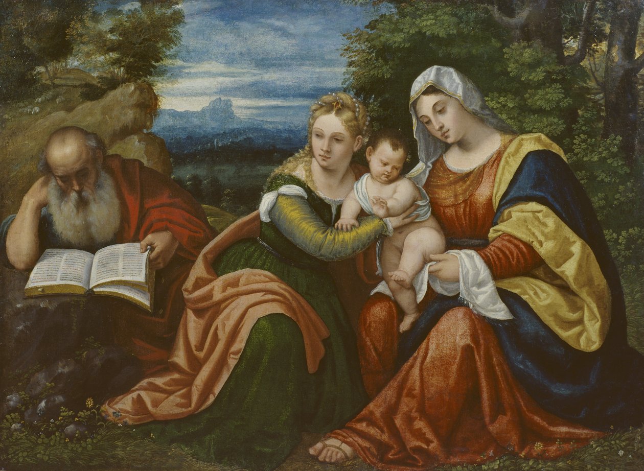 Jungfrau und Kind mit der Heiligen Katharina und dem Heiligen Hieronymus in einer Landschaft von Polidoro da Lanciano