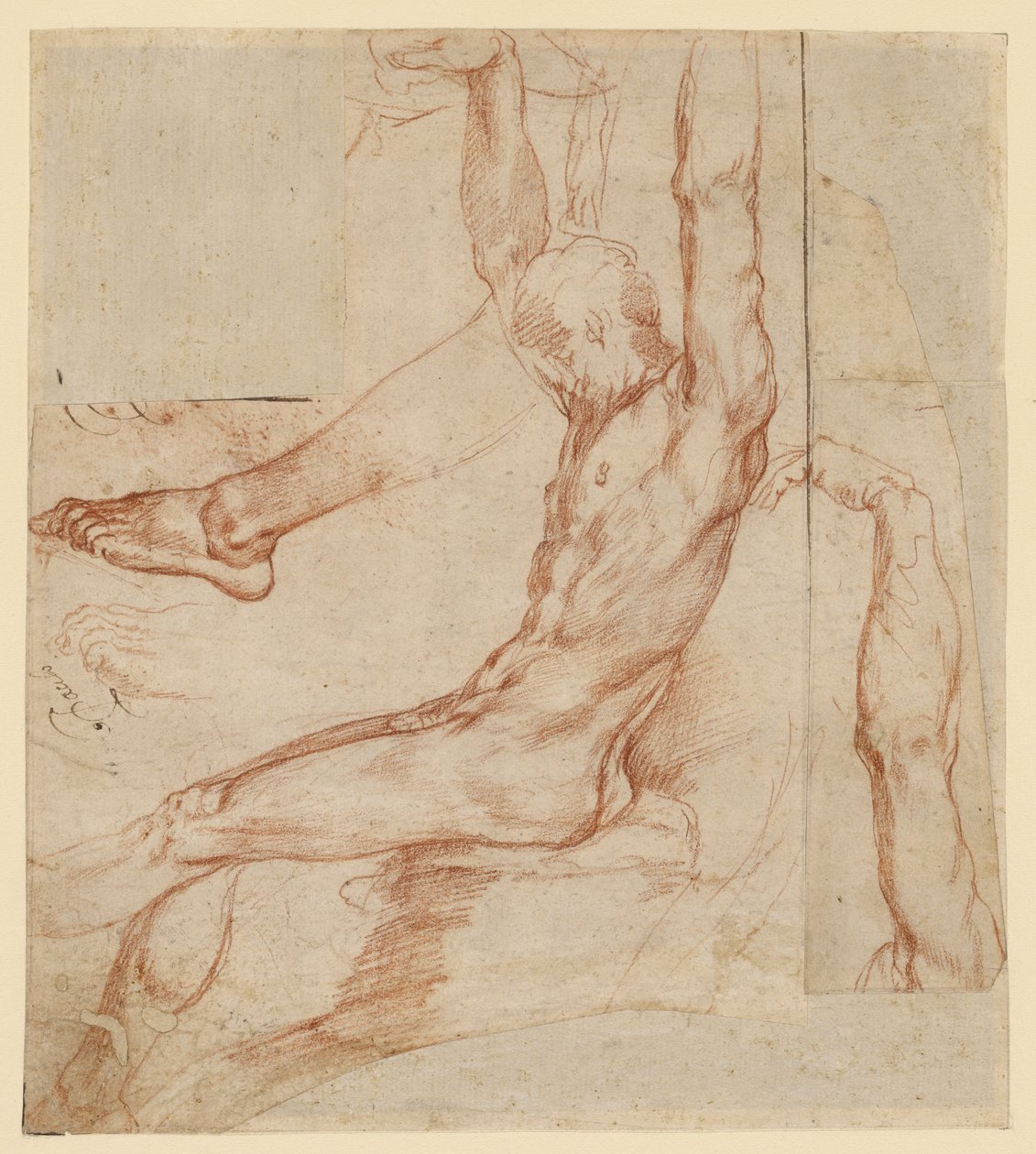 Studie eines Mannes mit verschiedenen Skizzen (recto); Studie eines drapierten Beins eines Mannes (verso) von Polidoro da Caravaggio (Polidoro Caldara)