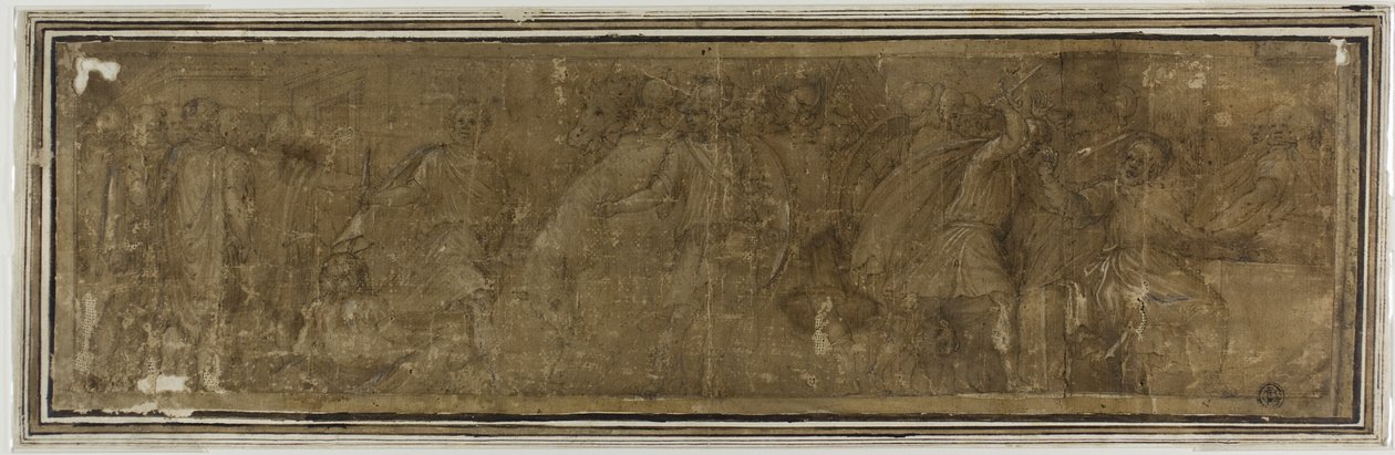 Mucius Scaevola überquert den Tiber, um Porsenna zu ermorden, tötet aber versehentlich seinen Schatzmeister von Polidoro da Caravaggio