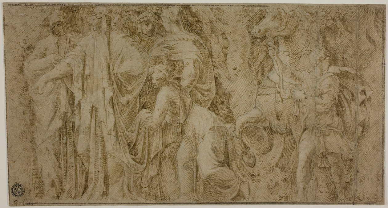 Geschichte von Niobe: Niobe empfängt Geschenke von Verehrern; Jugendlicher mit Pferd von Polidoro da Caravaggio