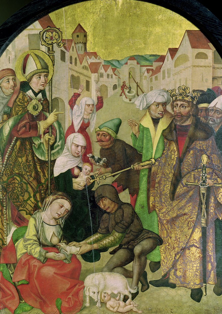 St. Stanislas (1030-79) beobachtet die Bestrafung untreuer Ehefrauen auf Befehl von König Boleslas II. (1039-81), Tafel vom Altarbild des St. Stanislas von Polish School