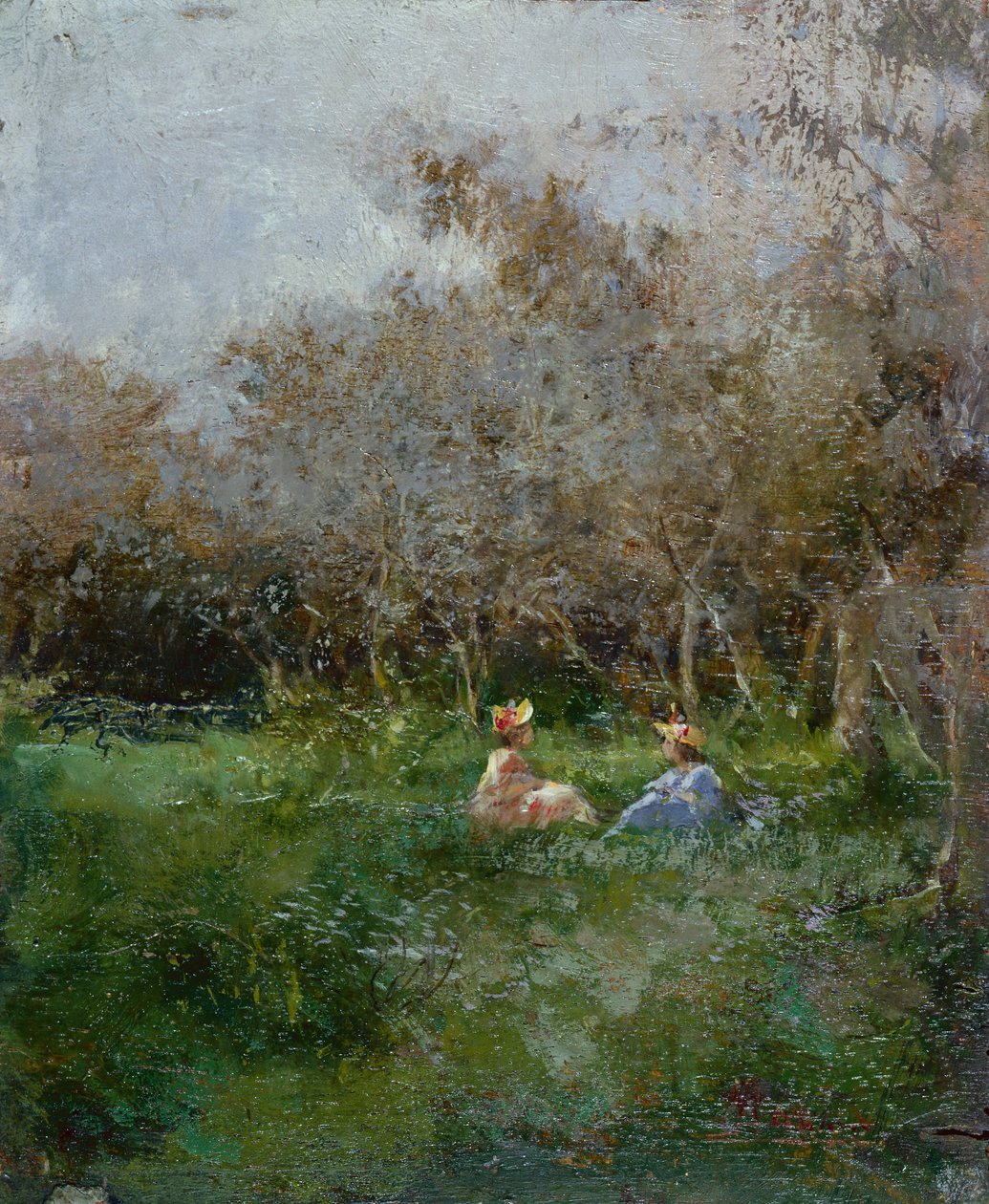 Elegante Damen ruhen sich in einer bewaldeten Landschaft aus von Pompeo Mariani