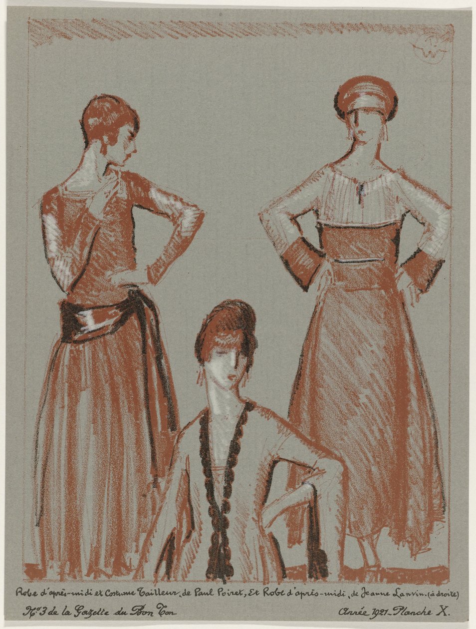 Gazette du Bon Ton, 1921 - Nr. 3, Pl. X: Nachmittagskleid und Kostüm von Paul Poiret, und Nachmittagskleid von Jeanne Lanvin von Porter Woodruff