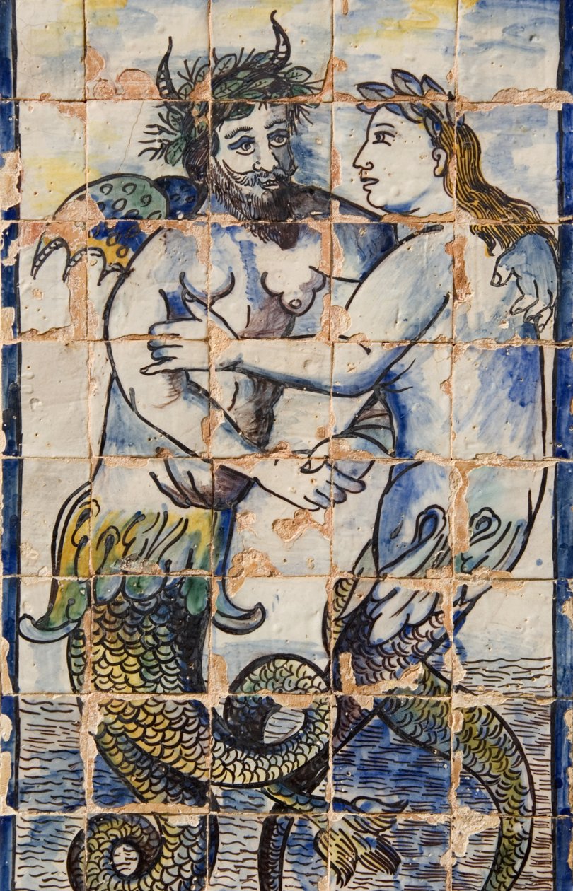 Azulejos-Fliesen in den Palastgärten, die Meereskreaturen darstellen (Keramik) von Portuguese School