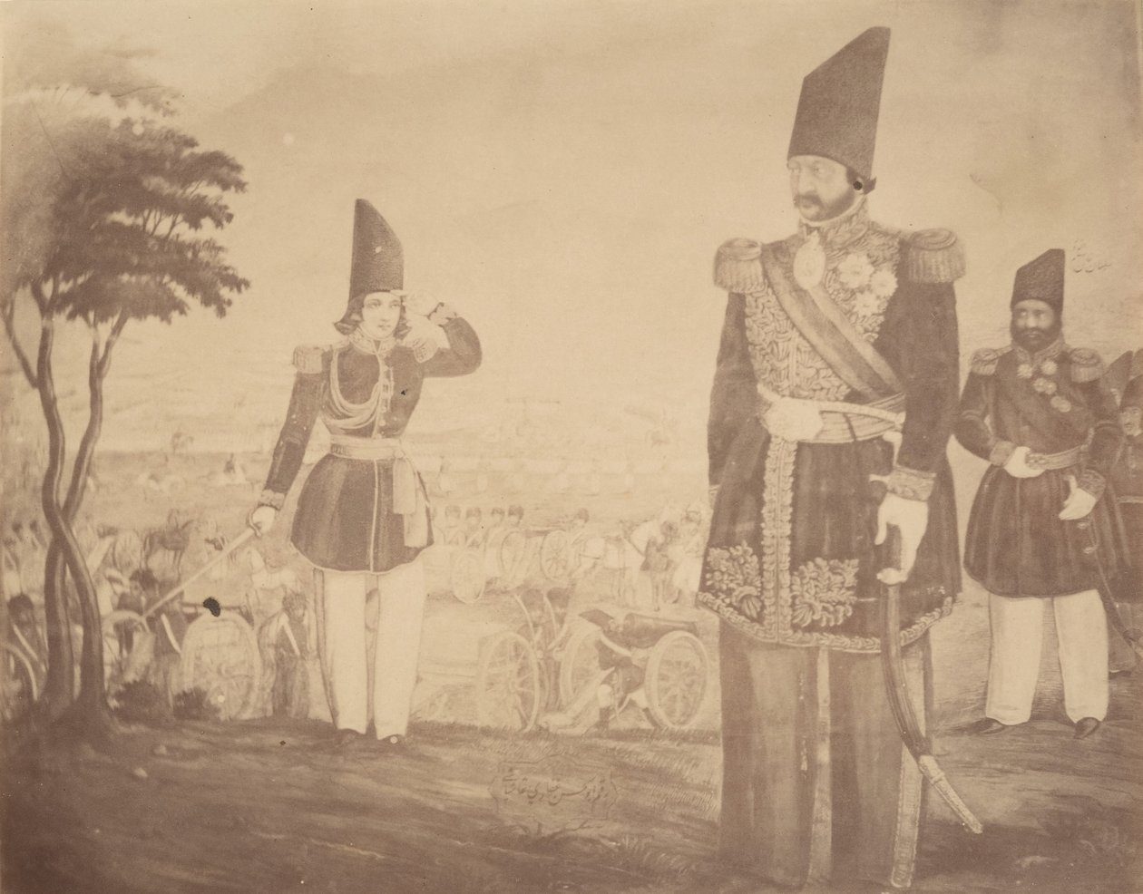 Eine persische Revue in einem Gemälde, das einst Ardeshir Mirza gehörte, Onkel des Königs von Possibly by Luigi Pesce.