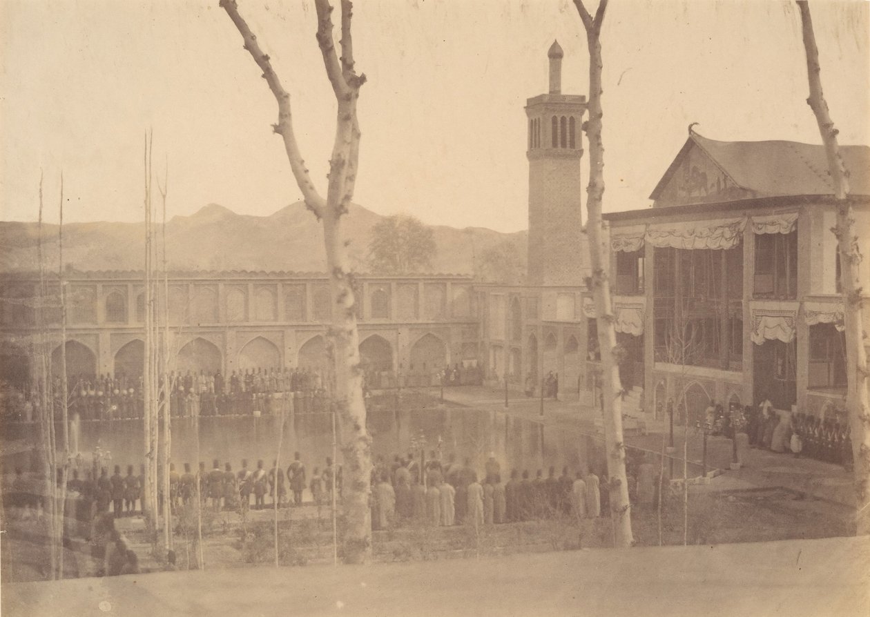 Palast des Schahs, Respektbezeugung gegenüber dem Schah, Fete de Salam, Teheran, Iran, 1840er-60er Jahre von Possibly by Luigi Pesce.