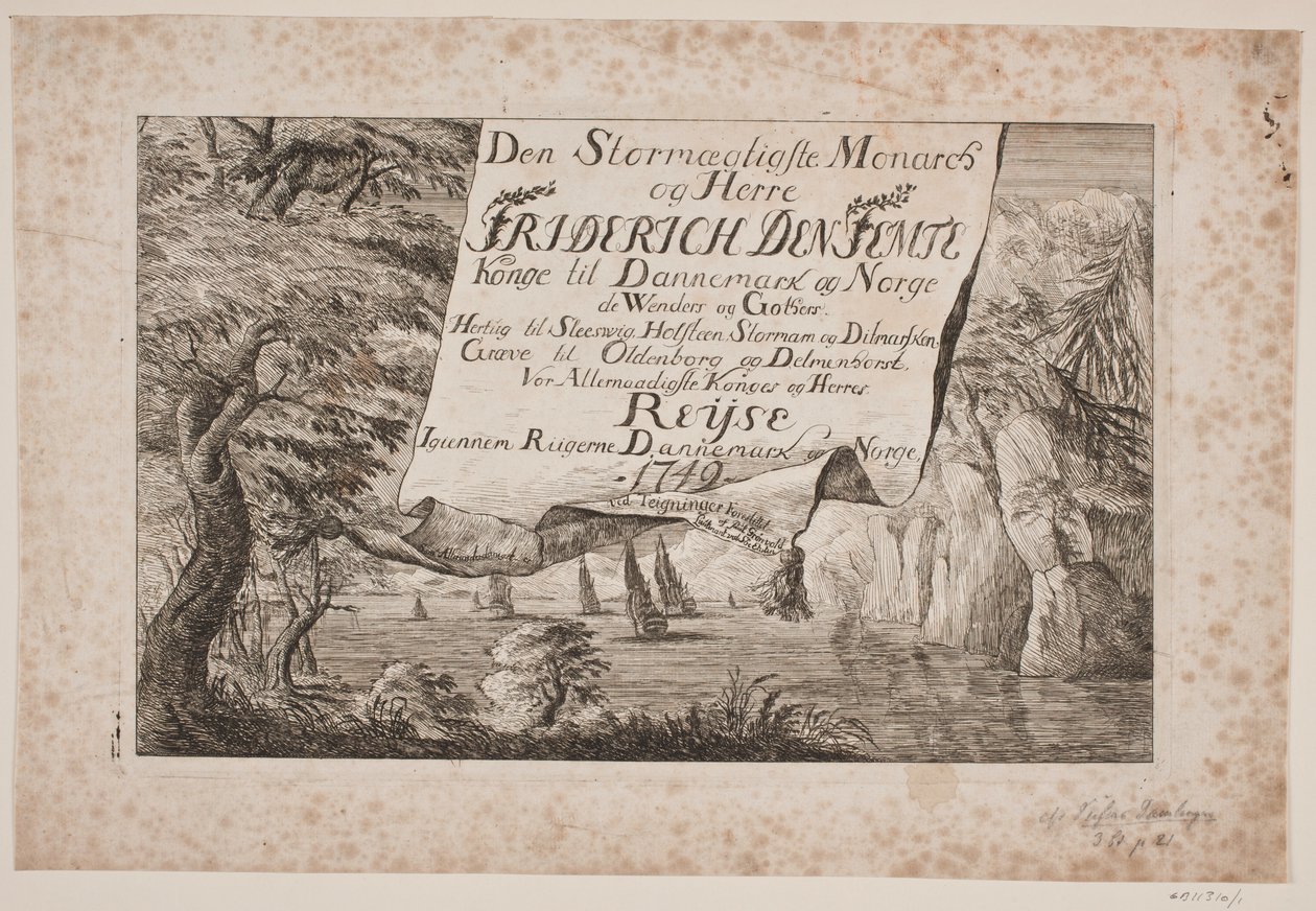 Titelblatt zur Reise von König Frederik V durch Dänemark und Norwegen 1749 von Poul Isac Grønvold