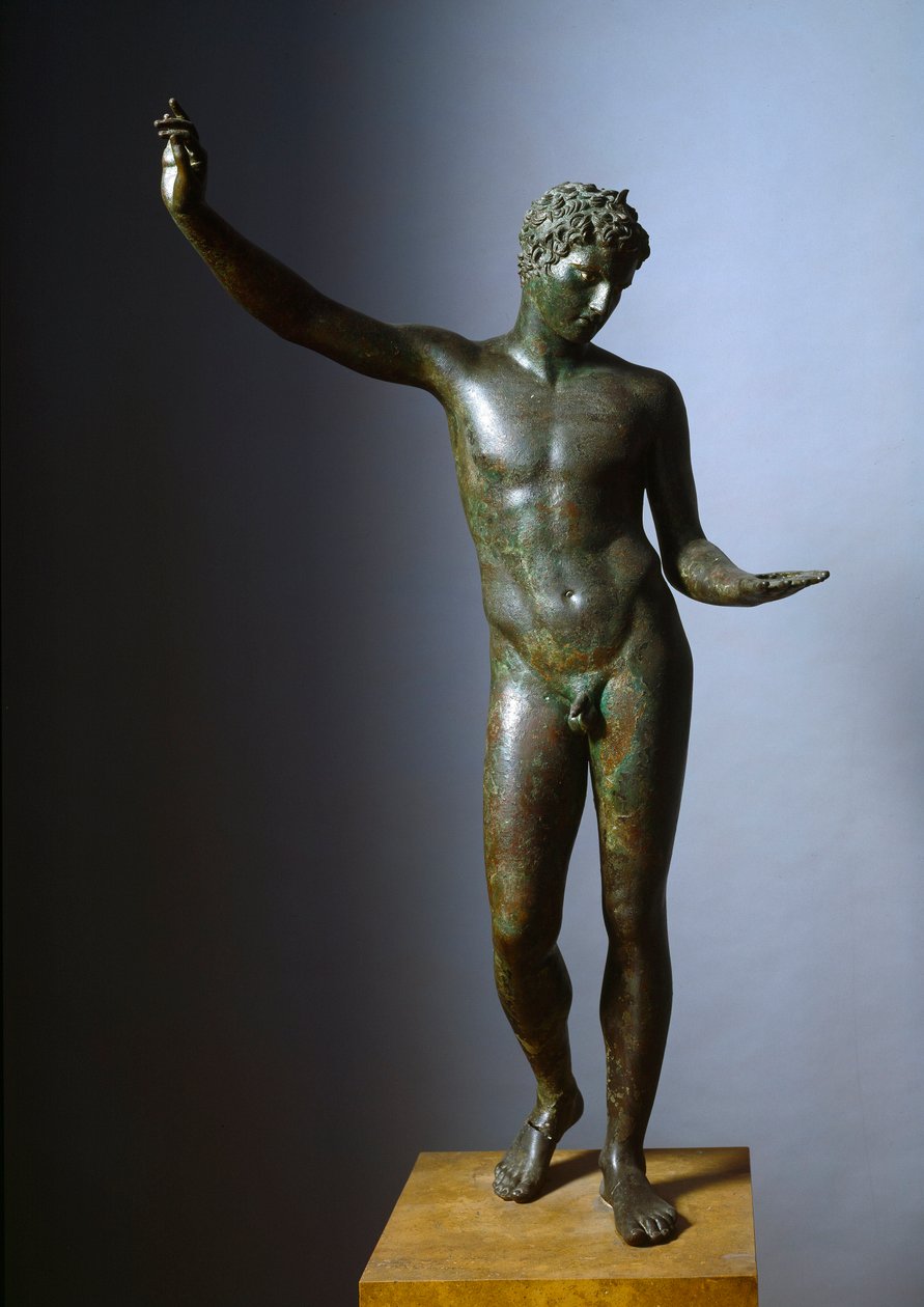 Griechische Kunst: „der junge Mann von Marathon“ (Ephebe) Statue des Hermes als Jugendlicher oder junger Athlet. Bronzeskulptur von Praxiteles (4. Jahrhundert v. Chr.), 330 v. Chr. Athen, Nationales Archäologisches Museum von Praxiteles
