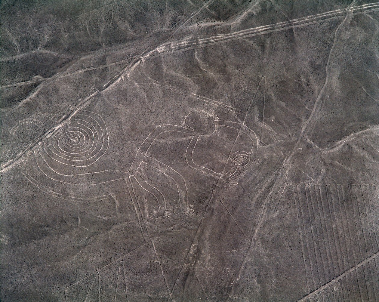 Luftaufnahme einer Affenfigur, Nazca-Linien von Prehistoric Prehistoric