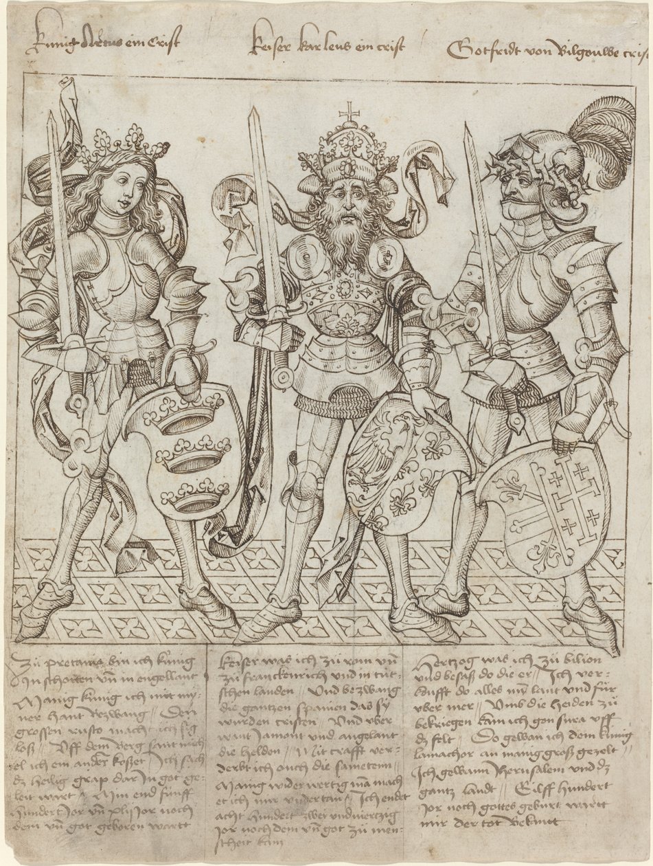 König Artus, Karl der Große und Gottfried von Bouillon von Primary Master of the Strassburg Chronicle