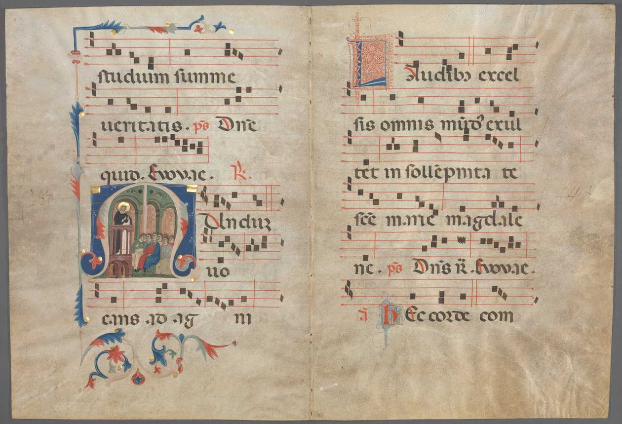 Bifolium aus einem Antiphonar: Initiale M mit dem predigenden Heiligen Dominikus von Primo Miniatore di San Domenico