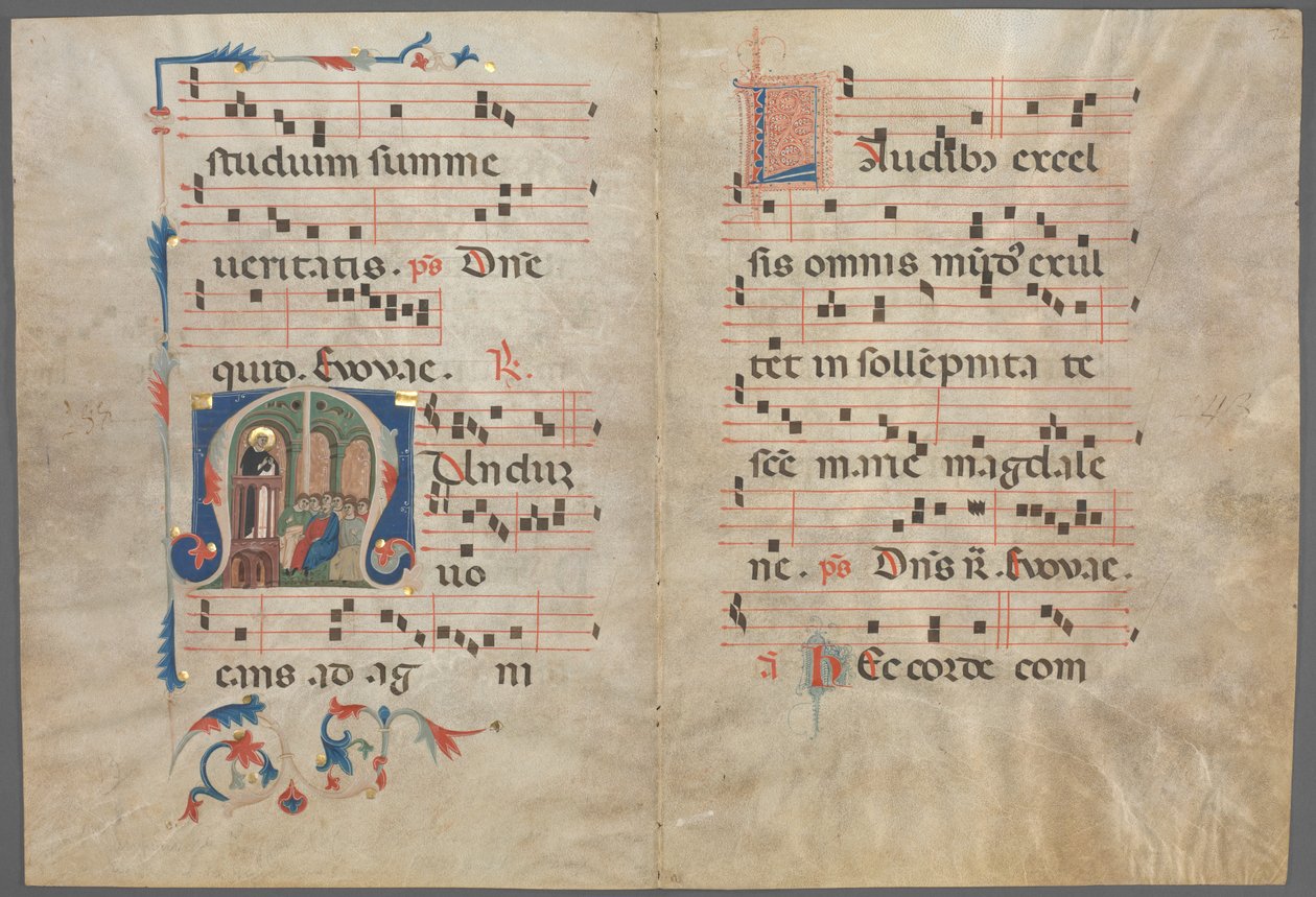Bifolium aus einem Antiphonar: Initiale M mit dem predigenden Heiligen Dominikus, ca. 1320-1340 von Primo Miniatore di San Domenico