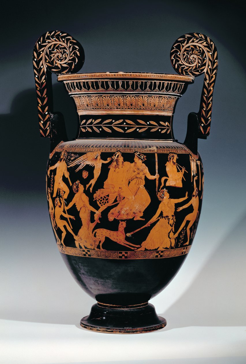 Attischer rotfiguriger Volutenkrater, verziert mit einer Szene von Schauspielern und Musikern, die sich auf eine Aufführung vorbereiten, Griechisch, aus Ruvo, 5. Jahrhundert v. Chr. von Pronomos Painter