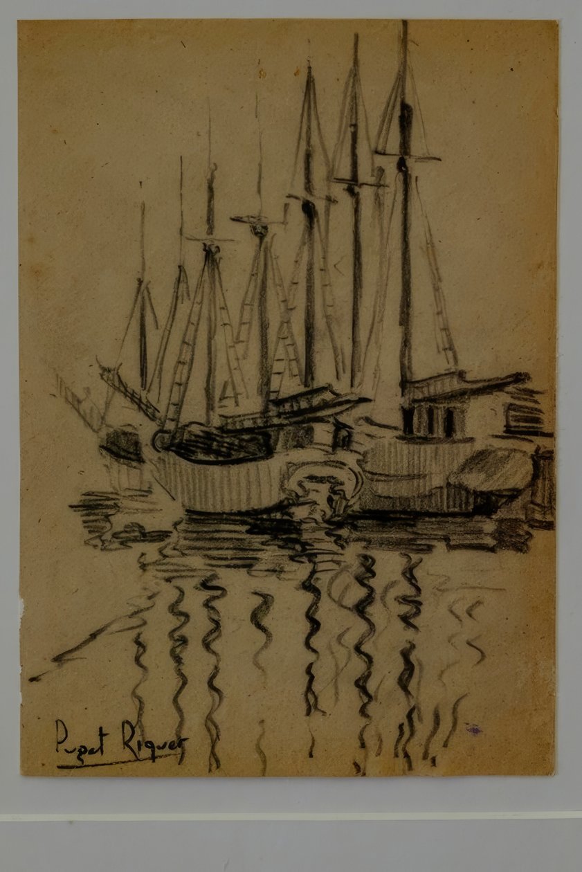 Segelboote, Narcís Puget Riquer, Kohlezeichnung, Museo Puget, Casa Noble de Can LLaudis, Dalt Vila, Ibiza, Balearen, Spanien von Puget Riquer