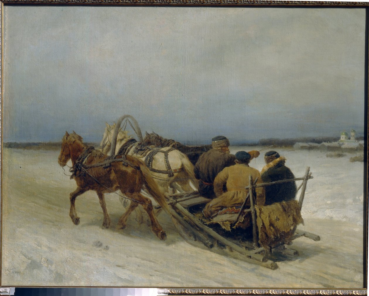 Troika im Winter (traditionelles russisches Gespann, gezogen von drei Pferden) - Pyotr Petrowitsch Sokolow, Öl auf Leinwand von Pyotr Petrovich Sokolov