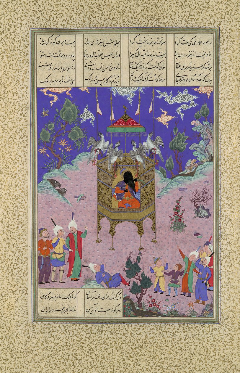 Kai Kavus steigt in den Himmel auf, Folio 134r aus dem Shahnama Buch der Könige, ca. 1525-30 von Qadimi