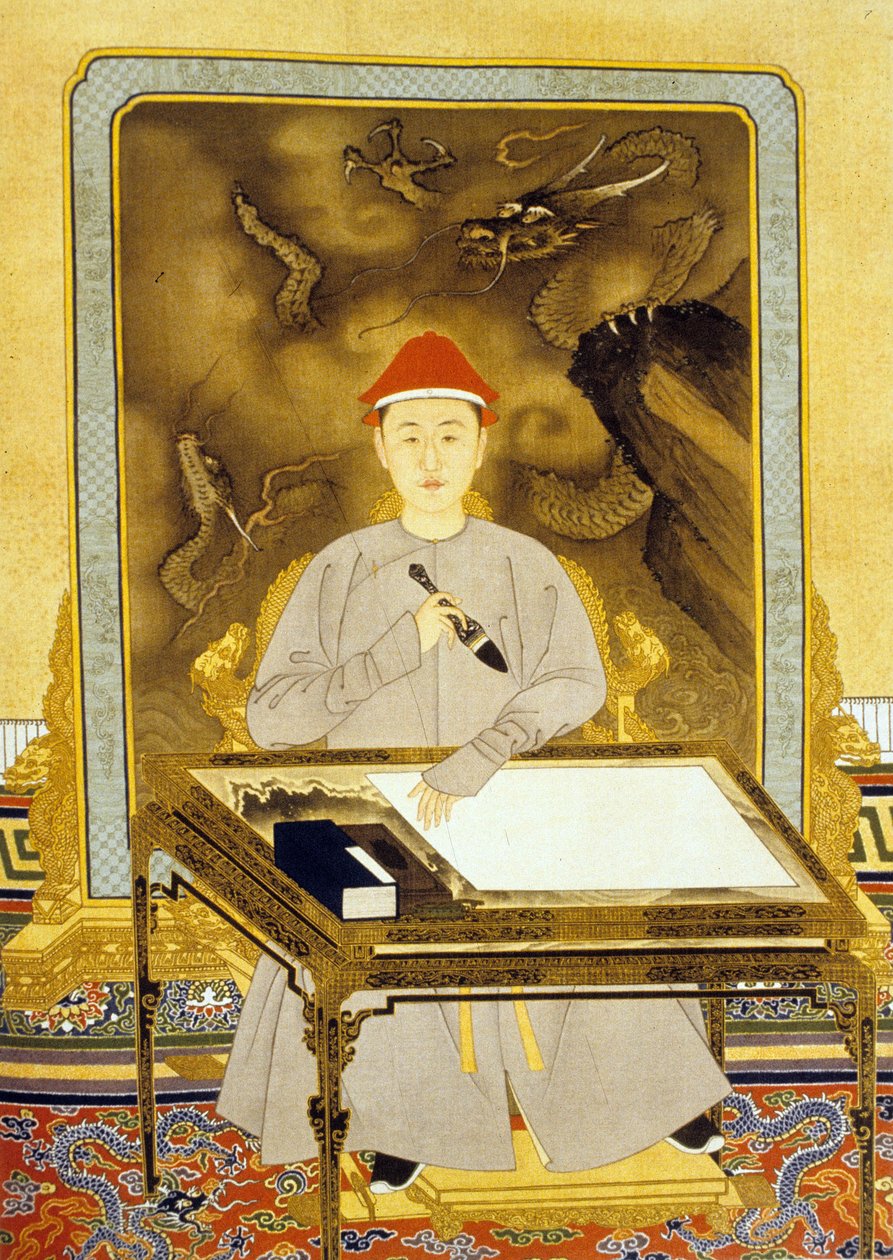 Heng Tsu oder Kangxi, Kaiser von China an seinem Schreibtisch von Qing Dynasty   Kangxi Period Chinese School
