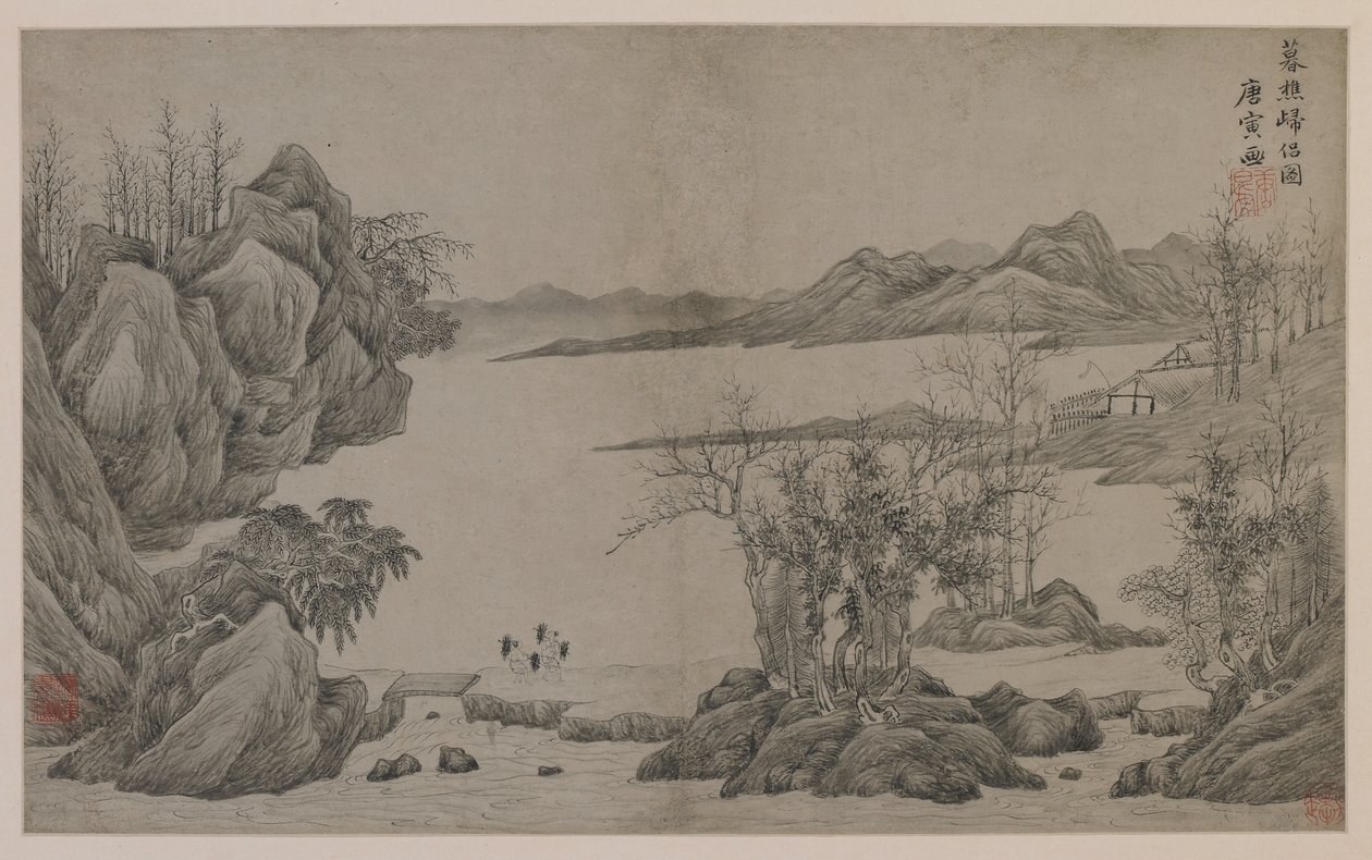 Flusslandschaft und Holzsammler von Qing Dynasty Chinese School