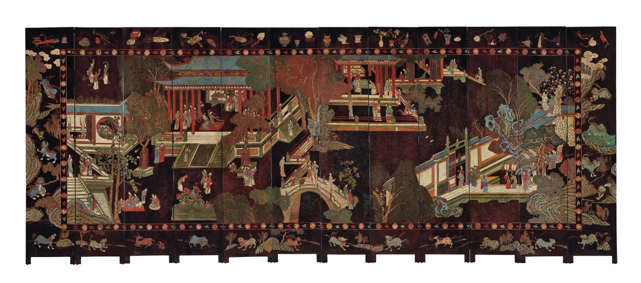 Zwölfteiliger Coromandel-Bildschirm, 18. Jahrhundert von Qing Dynasty Chinese School